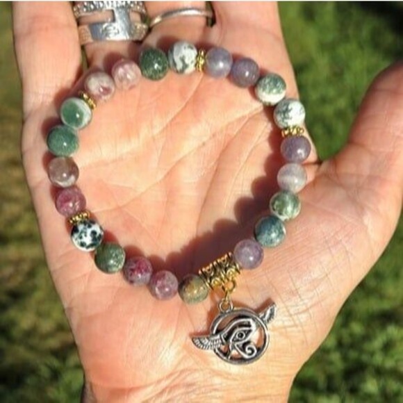 Egyptian Eye of Horus Plum Tourmaline Tree Agate Gemstone Bracelet - Picture 3 of 6
